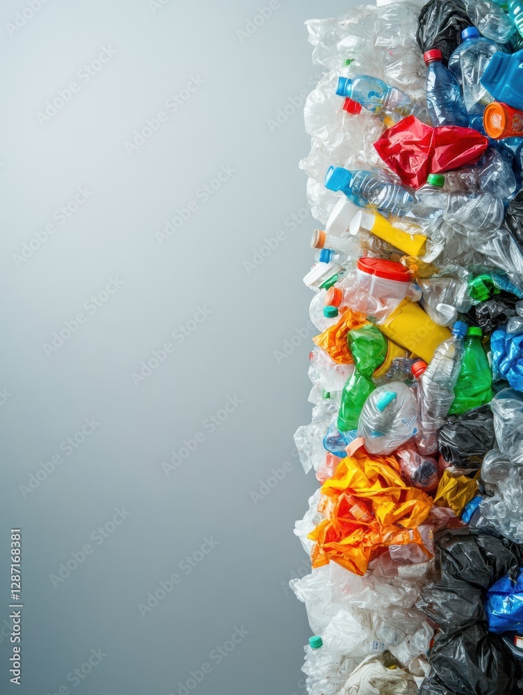 Poster Plastic waste piled on the left and neatly stacked recycled products on the right showcase stark contrast in waste management. Generative AI