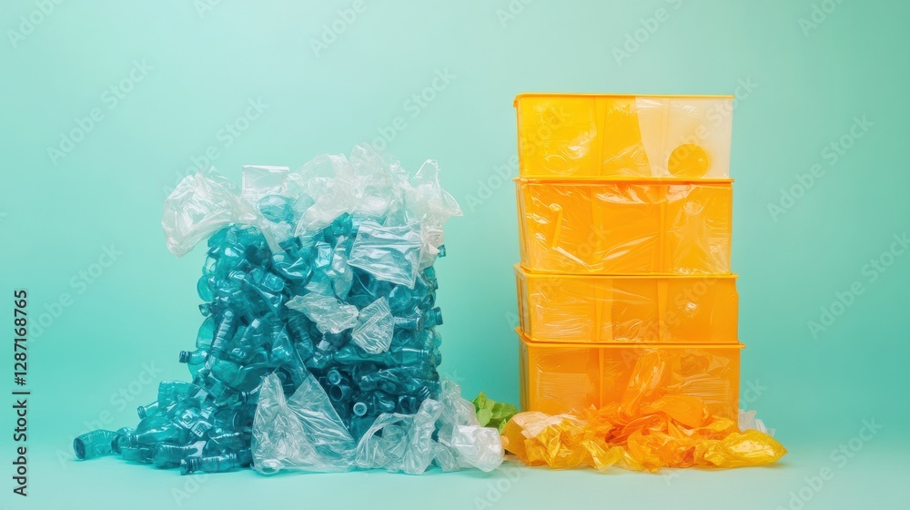 Aufkleber contrast between plastic waste and organized recycled plastic products shows importance of recycling