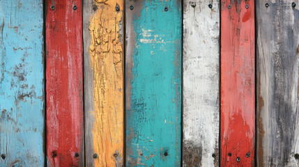 Weathered teak texture with gray patina and vibrant painted strips for creative design