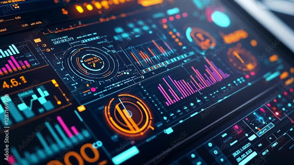 Poster futuristic interface displaying complex data analysis and processing information with colorful chart