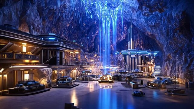 Futuristic interior depicting an elaborate underground city within a grand cavern system with a waterfall.