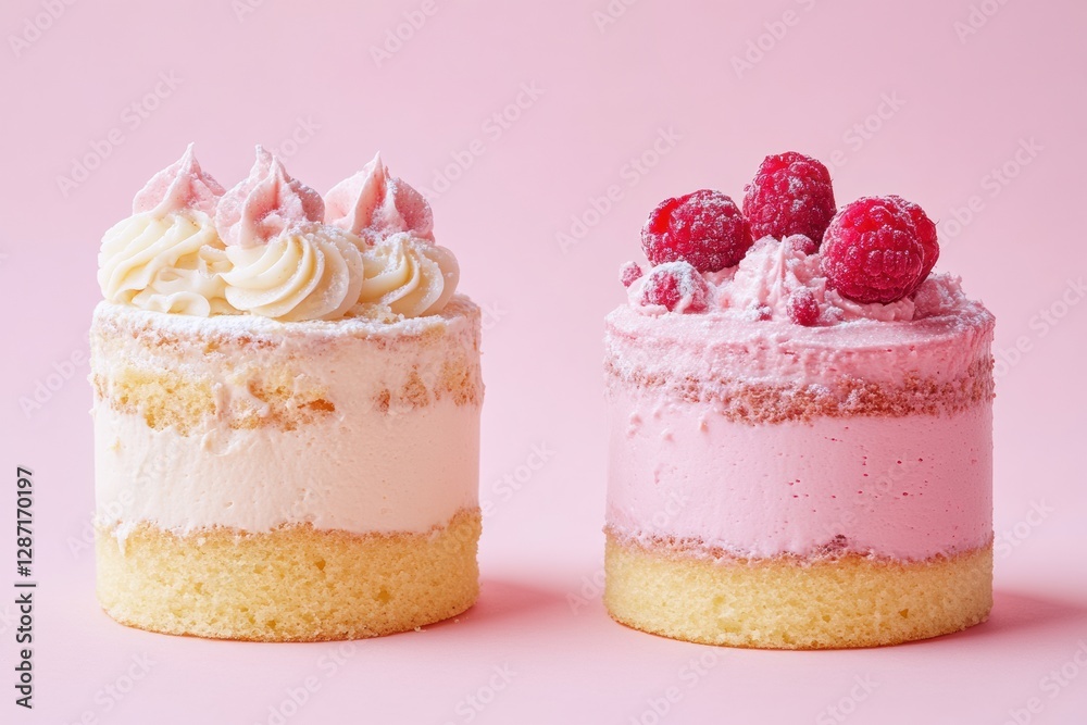 Poster beautifully designed miniature cakes with creamy frosting and fresh raspberries on a soft pink backg
