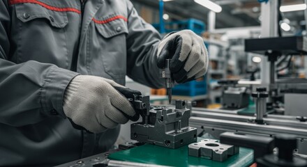 Precision assembly, Factory worker meticulously builds mechanical components