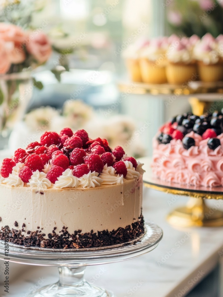 Poster delicious dessert display with raspberry topped cake and assorted cupcakes in a brightly lit pastry 