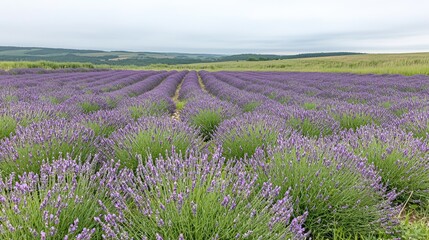 Naklejka premium Lavender field rows in countryside landscape. Possible use stock photo