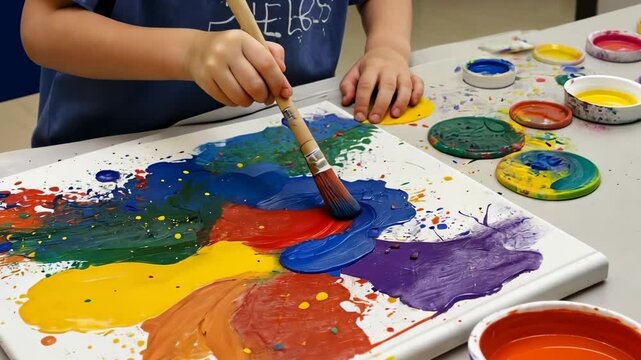 Child's vibrant abstract painting, colorful canvas, creative process, art class, hands holding brush, paint splatters, early childhood development