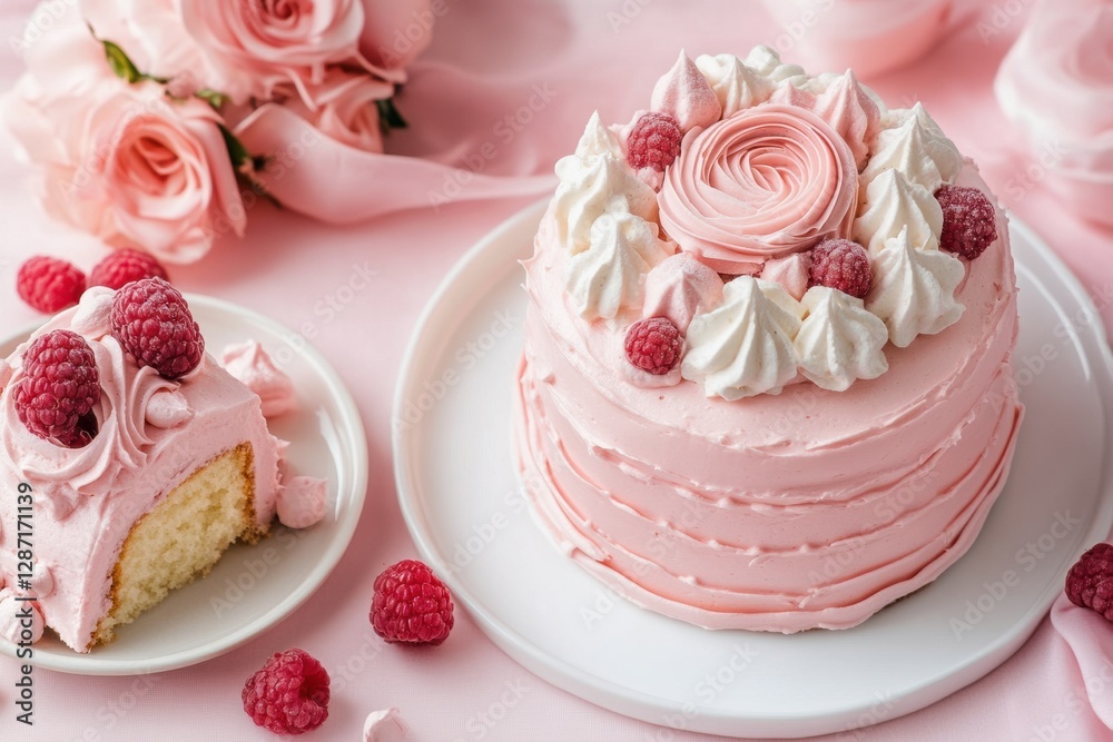 Poster Raspberry cake decorated with cream and roses on a pink table setting for a celebration event or gathering. Generative AI