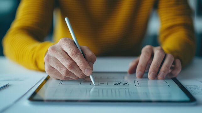 Designer analyzing mobile app interface in modern workspace digital design professional environment close-up view