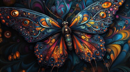 Colorful butterfly illustration with vibrant wings. Butterfly design features blue, green, and yellow patterns. Artistic butterfly image with detailed wings. Vintage butterfly illustration vector.