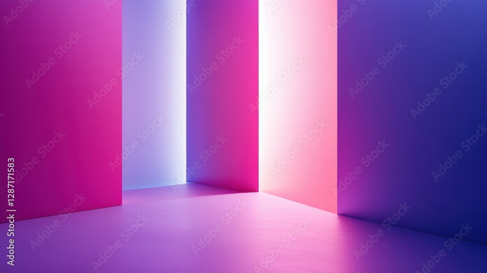 Poster vibrant geometric spaces created by colorful lighting in a modern art installation around midday. ge