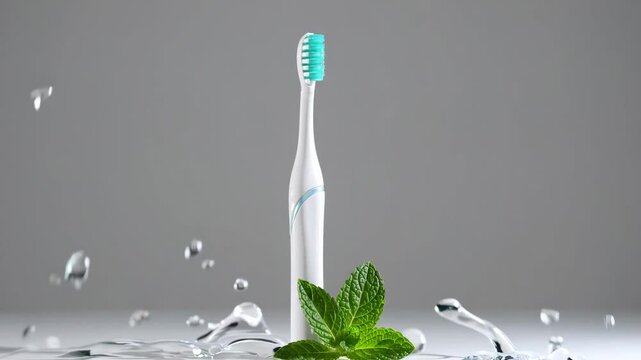 Electric toothbrush with mint leaves on white background, symbolizing oral hygiene. Fresh breath and dental care concept