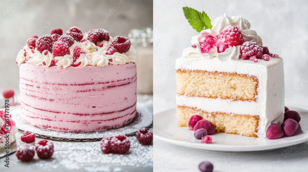 Poster delicious raspberry cakes with whipped cream and fresh fruit in a modern kitchen setting. generative