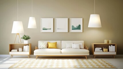 Muted earthy modern living room, Modern Minimalist Living Room Interior with Beige Walls and White
