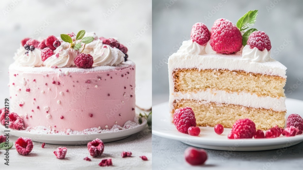 Poster delicious raspberry cake and slice with fresh berries on a white plate in a bright kitchen setting. 