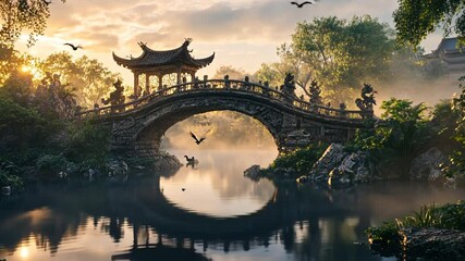 Ancient Chinese arched bridge over calm water with a small pavilion and scenic natural surroundings. - Powered by Adobe