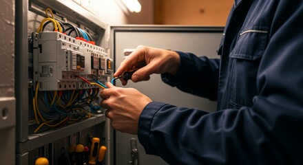 Electrician meticulously wires an electrical panel in a navy uniform under warm light