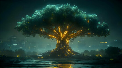 Glowing Digital Tree At Night