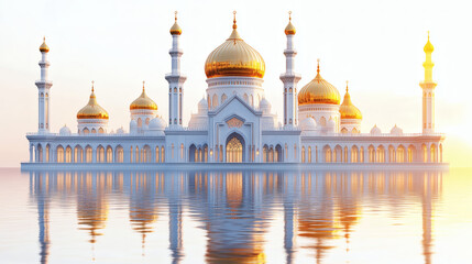Obraz premium Grand White Mosque With Golden Domes On Calm Water At Sunrise