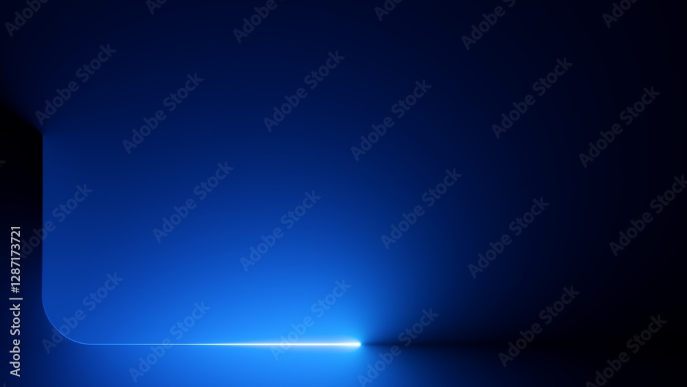 Fototapete abstract minimalist blue background. linear neon frame with rounded corners. bright light leaves glo