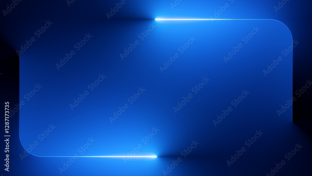 Fototapete abstract minimalist blue background. linear neon frame with rounded corners. bright light leaves glo