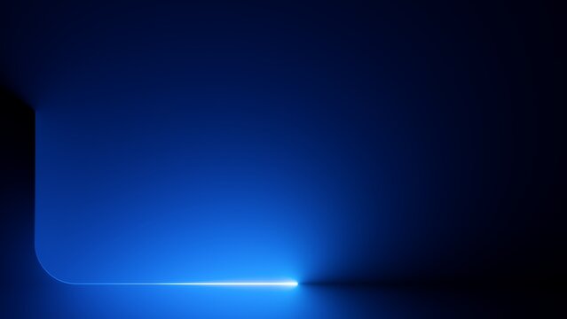 Abstract minimalist blue background. Linear neon frame with rounded corners. Bright light leaves glowing trail. 3d rendering
