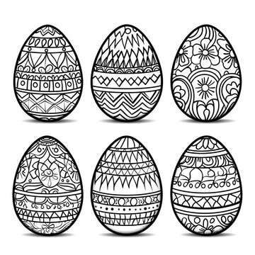Six easter eggs showing detailed black and white patterns