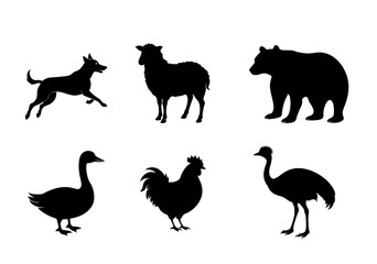 Animal silhouettes: dog, sheep, bear, duck, rooster, emu on white background isolated on white background