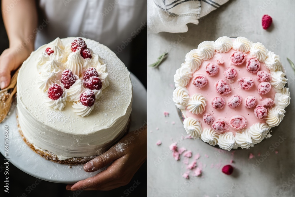 Poster decadent dessert display featuring raspberry cakes in a cozy kitchen setting during afternoon tea. g
