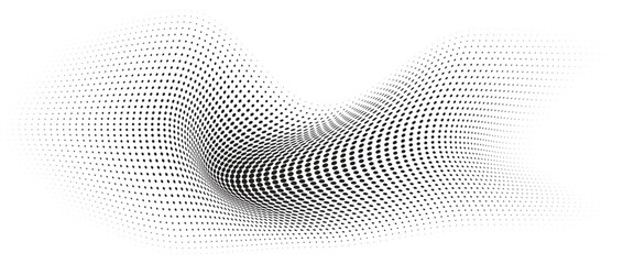 Fototapeta premium Flowing Wave Dot Halftone Pattern: Curve Gradient Shape on Transparent Background. Suitable for AI, Tech, Network, Digital, Science, and Technology Themes.