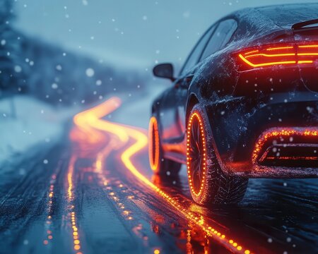 Driving cautiously on icy roads with glowing AR traction and speed indicators, dynamic winter road backdrop, soft ambient lighting, photorealistic