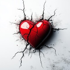 Cracked red heart on white background	