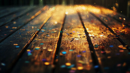 Warm glow on wooden surface with colorful confetti for celebration designs