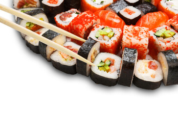 Japanese food restaurant delivery - sushi maki california roll platter set isolated at white background closeup with wooden chopsticks taking one piece