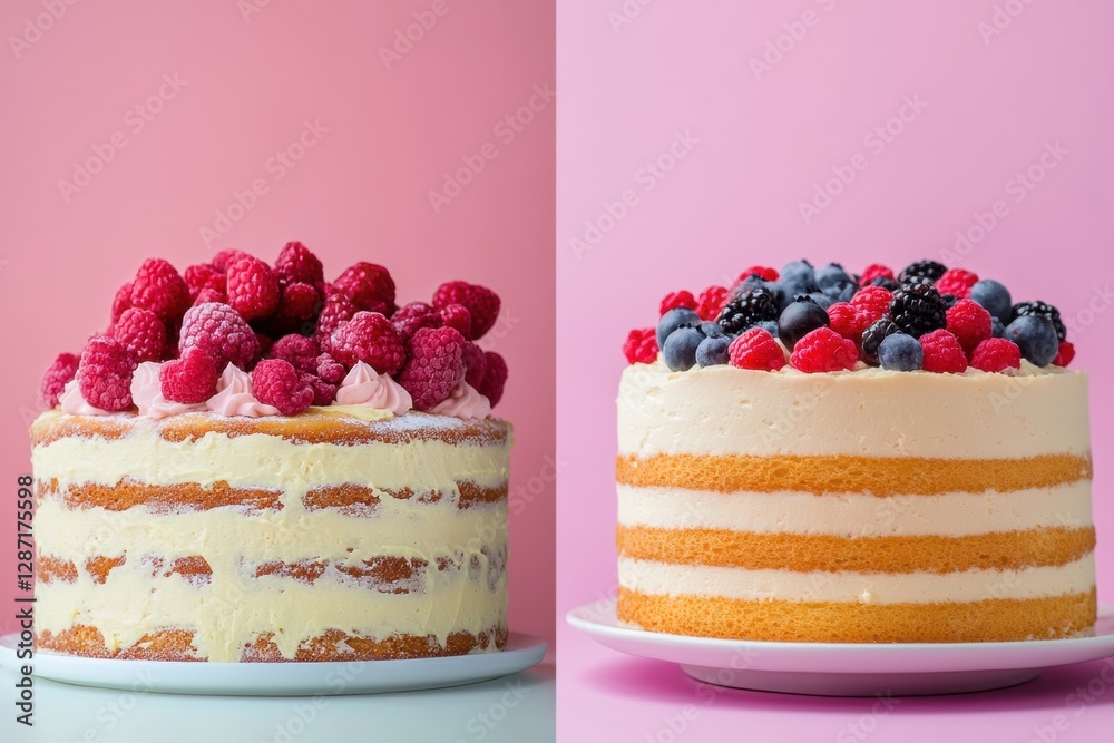 Aufkleber two delicious layered cakes topped with fresh raspberries and mixed berries on pastel backgrounds. g