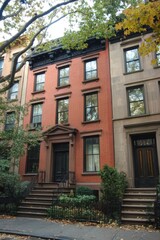Fototapeta premium Bright autumn day in a historic townhouse neighborhood showcasing classic architecture and vibrant foliage in the heart of a city