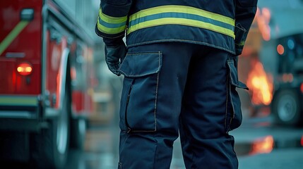 Fototapeta premium Urban fire scene firefighter in durable fire-resistant pants captured in dramatic action
