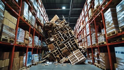 A chaotic scene in a warehouse, showcasing a dangerously stacked pile of wooden pallets, highlighting potential hazards in logistics and storage management.