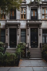 Obraz premium Beautiful historic brownstone buildings lined with greenery in an urban neighborhood during autumn, showcasing architectural details and charming steps leading to the front doors