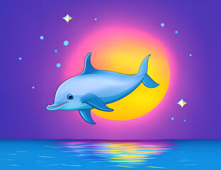 A blue dolphin is leaping in front of a glowing yellow sun against a purple sky, with stars and reflections visible in the ocean below.