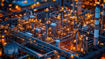 Aerial view of a large oil refinery with multiple processing units and gas stacks