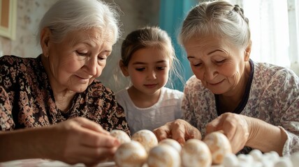 A cozy Ukrainian home where multiple generations sit together, decorating Pysanky eggs with beeswax and vibrant dyes