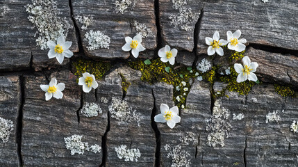 Obraz premium Natural beauty of flowers growing from cracks in weathered wood surface
