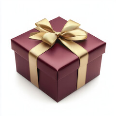 Obraz premium Burgundy Gift Box with Gold Ribbon and Bow on White Background