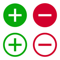 Obraz premium Plus and minus round icon set in red and green colors isolated on white background.