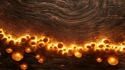 Mystical woodland scene with glowing mushrooms and textured wood