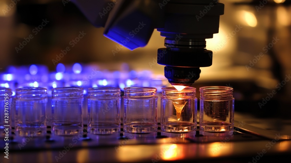 Poster automated robotic arm testing mineral samples in a high-tech lab