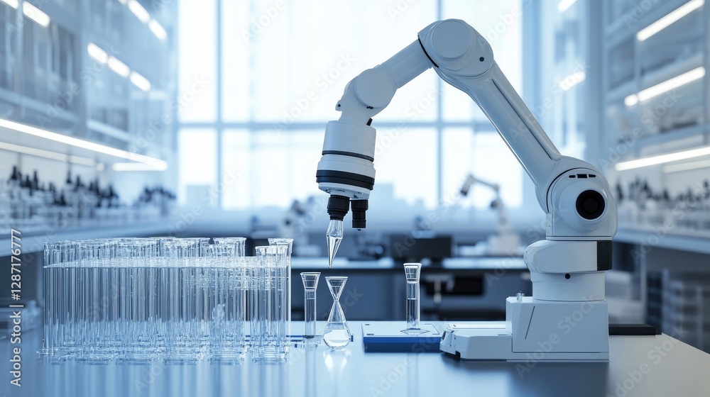 Poster automated robotic arm testing mineral samples in a high-tech lab