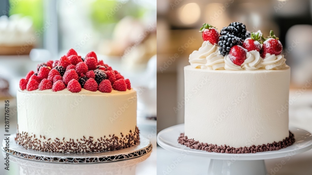 Poster two beautifully decorated cakes featuring fresh berries displayed in a bright bakery setting. genera