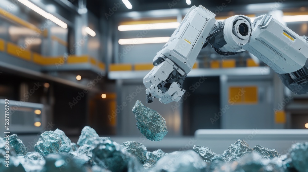 Poster automated robotic arm testing mineral samples in a high-tech lab