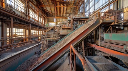 A series of vibrating screens sorting crushed mineral ores by size in a factory